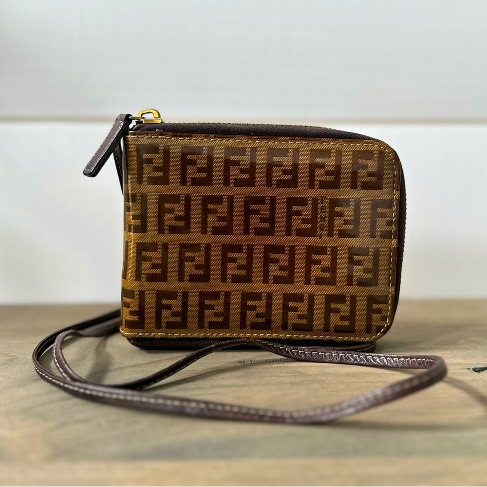 Authentic Fendi Rare Vintage Zucchino Zipper Wallet with Leather Strap